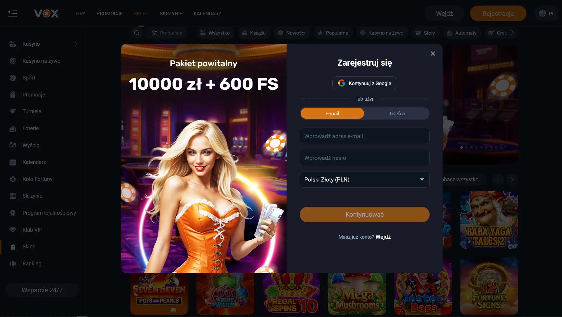 Vox Casino rejestracja — formularz zakładania konta